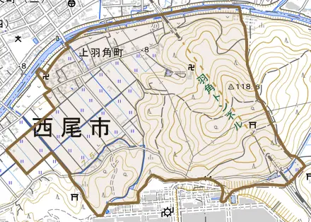 上羽角町とその周辺の地図。町の範囲を重ねている