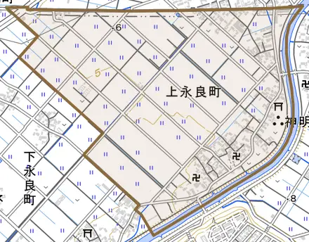 上永良町とその周辺の地図。町の範囲を重ねている