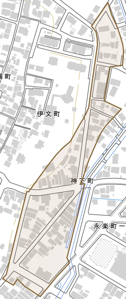 神下町とその周辺の地図。町の範囲を重ねている