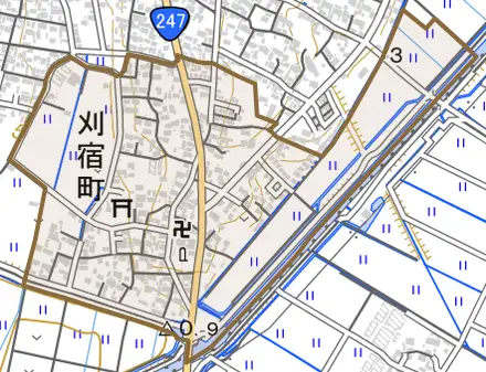 刈宿町とその周辺の地図。町の範囲を重ねている
