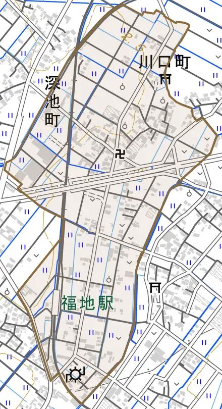 川口町とその周辺の地図。町の範囲を重ねている