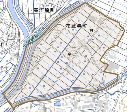 花蔵寺町とその周辺の地図。町の範囲を重ねている