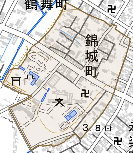 錦城町とその周辺の地図。町の範囲を重ねている