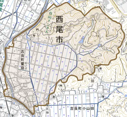 吉良町饗庭とその周辺の地図。町の範囲を重ねている