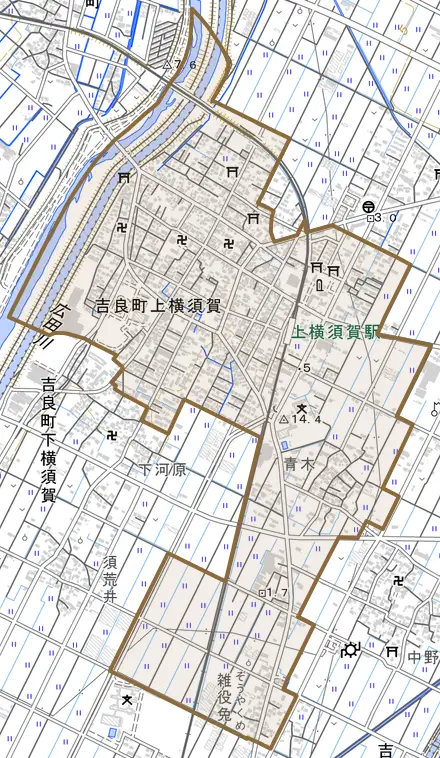 吉良町上横須賀とその周辺の地図。町の範囲を重ねている