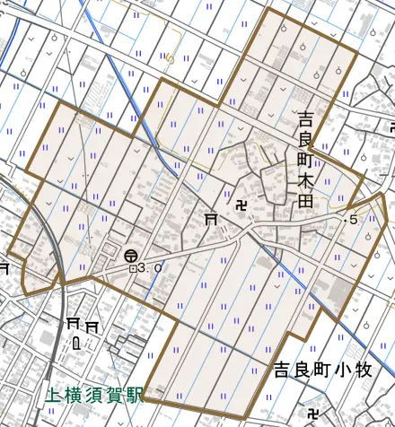 吉良町木田とその周辺の地図。町の範囲を重ねている