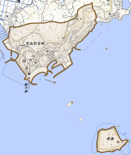 吉良町宮崎とその周辺の地図。町の範囲を重ねている
