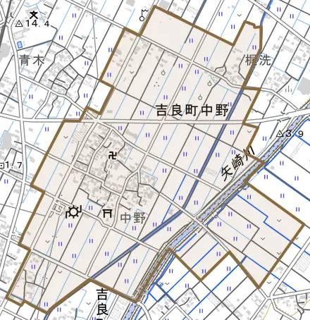 吉良町中野とその周辺の地図。町の範囲を重ねている