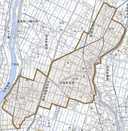 吉良町荻原とその周辺の地図。町の範囲を重ねている
