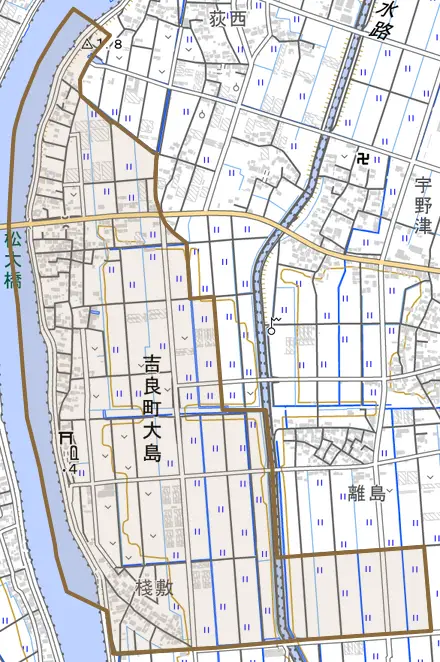 吉良町大島とその周辺の地図。町の範囲を重ねている