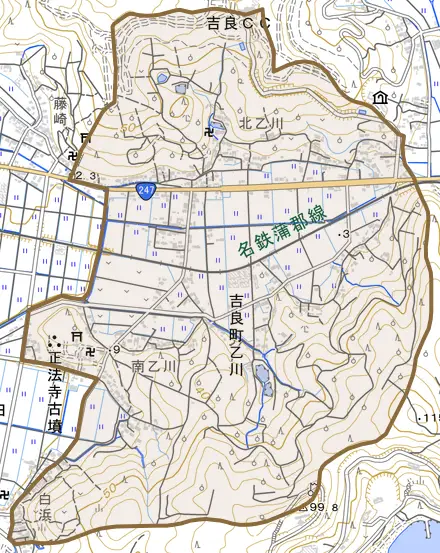 吉良町乙川とその周辺の地図。町の範囲を重ねている