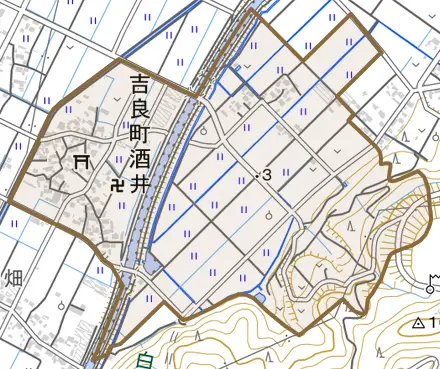 吉良町酒井とその周辺の地図。町の範囲を重ねている