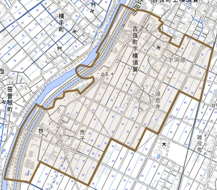 吉良町下横須賀とその周辺の地図。町の範囲を重ねている