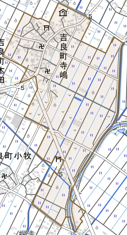 吉良町寺嶋とその周辺の地図。町の範囲を重ねている