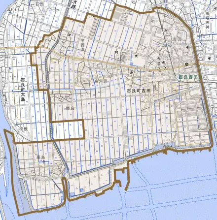 吉良町吉田とその周辺の地図。町の範囲を重ねている