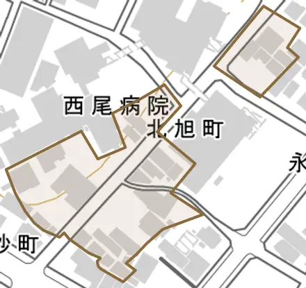 北旭町とその周辺の地図。町の範囲を重ねている