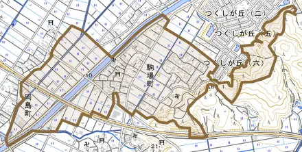 駒場町とその周辺の地図。町の範囲を重ねている