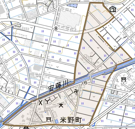 米野町とその周辺の地図。町の範囲を重ねている