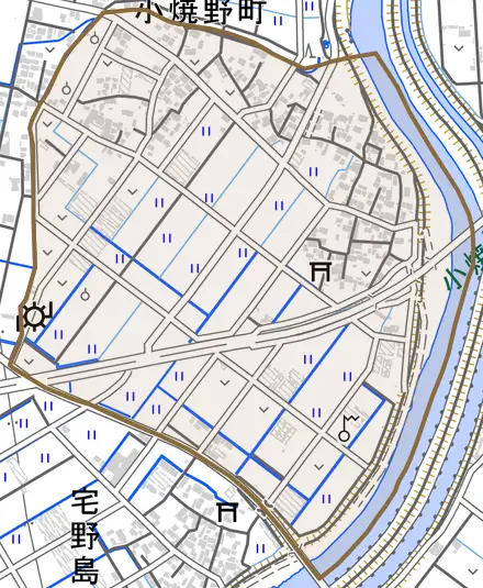 小焼野町とその周辺の地図。町の範囲を重ねている