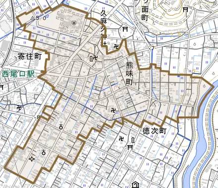 熊味町とその周辺の地図。町の範囲を重ねている