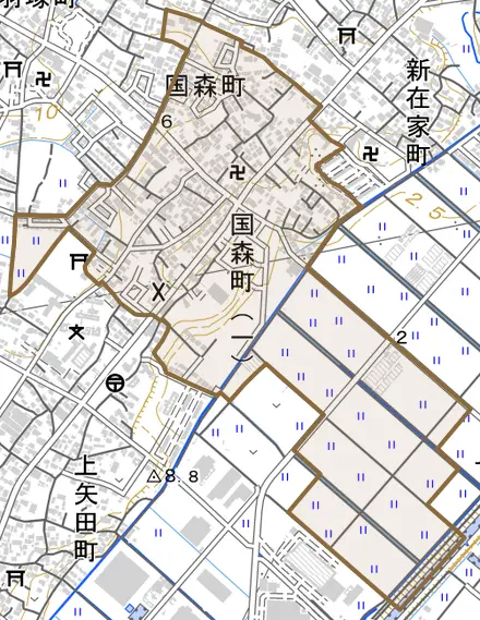 国森町とその周辺の地図。町の範囲を重ねている