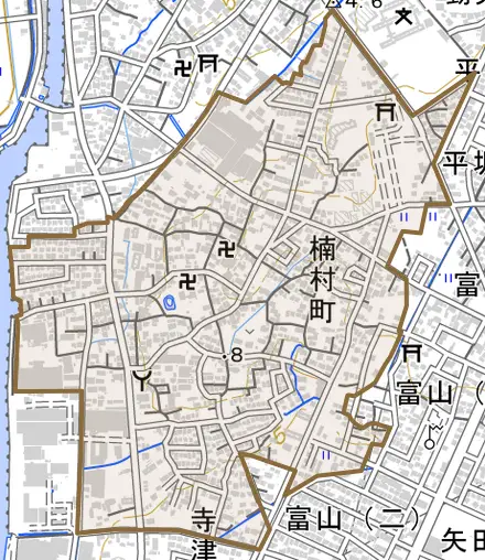 楠村町とその周辺の地図。町の範囲を重ねている