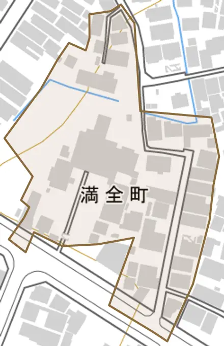 満全町とその周辺の地図。町の範囲を重ねている