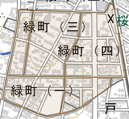緑町とその周辺の地図。町の範囲を重ねている
