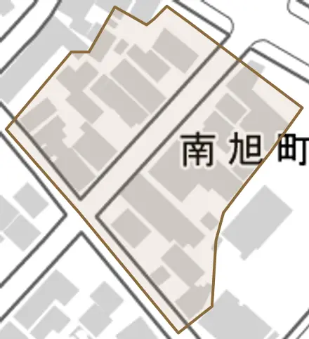 南旭町とその周辺の地図。町の範囲を重ねている