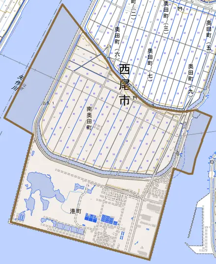 南奥田町とその周辺の地図。町の範囲を重ねている