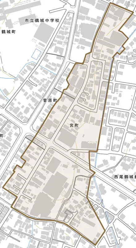 宮町とその周辺の地図。町の範囲を重ねている