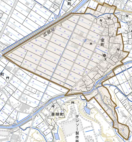 室町とその周辺の地図。町の範囲を重ねている