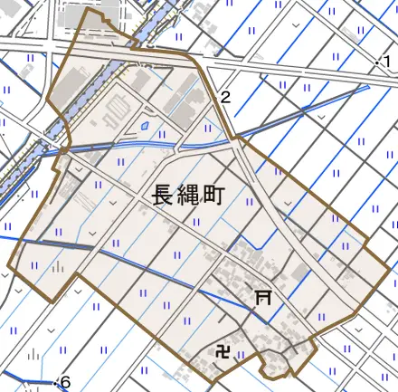 長縄町とその周辺の地図。町の範囲を重ねている