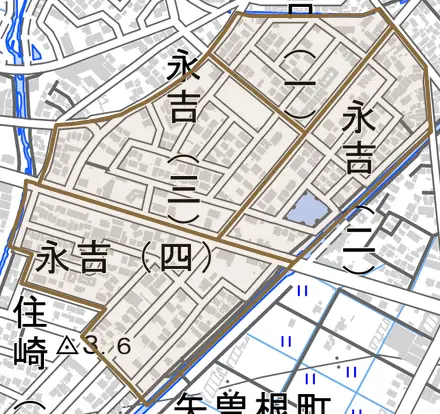 永吉とその周辺の地図。町の範囲を重ねている