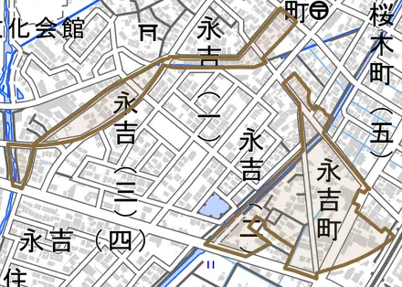 永吉町とその周辺の地図。町の範囲を重ねている