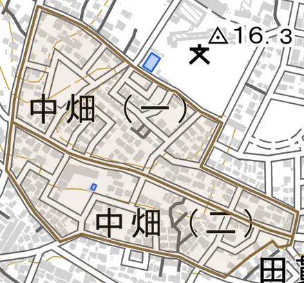 中畑とその周辺の地図。町の範囲を重ねている
