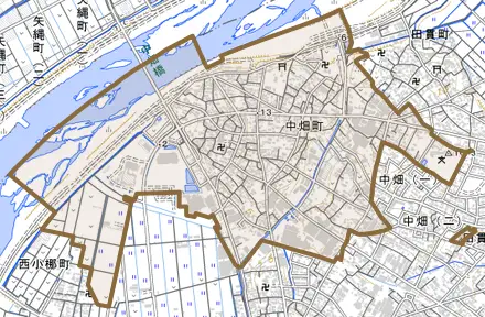 中畑町とその周辺の地図。町の範囲を重ねている