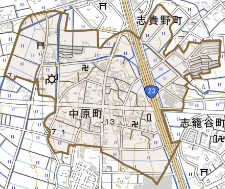 中原町とその周辺の地図。町の範囲を重ねている