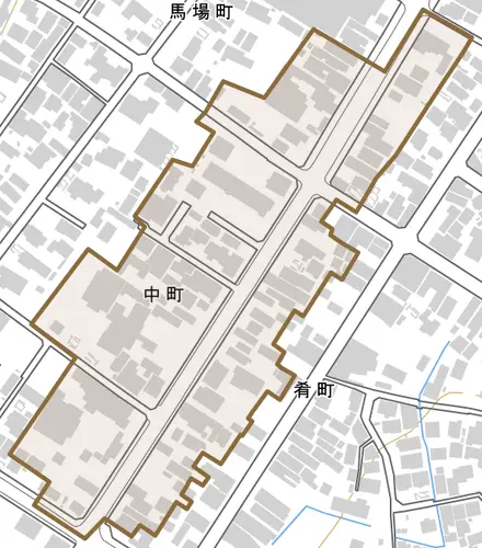 中町とその周辺の地図。町の範囲を重ねている