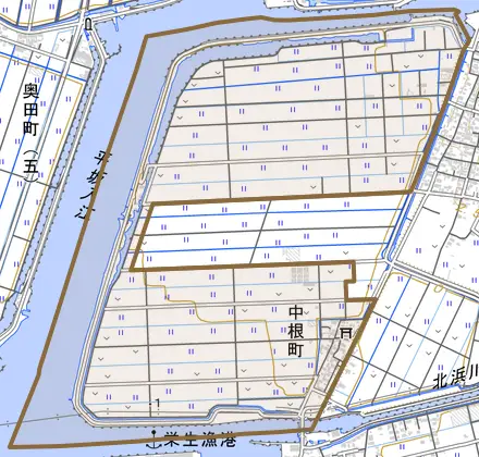 中根町とその周辺の地図。町の範囲を重ねている