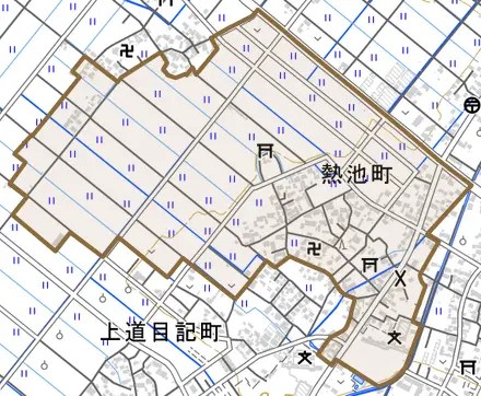 熱池町とその周辺の地図。町の範囲を重ねている