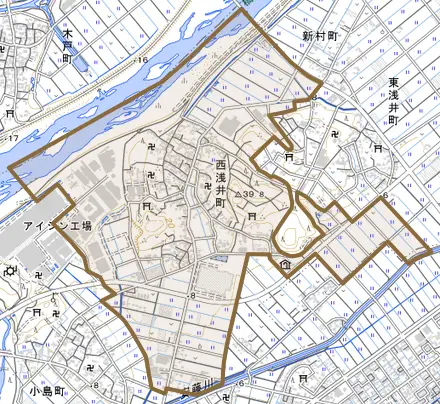 西浅井町とその周辺の地図。町の範囲を重ねている