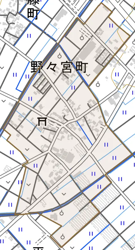 野々宮町とその周辺の地図。町の範囲を重ねている