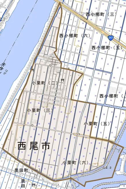 小栗町とその周辺の地図。町の範囲を重ねている