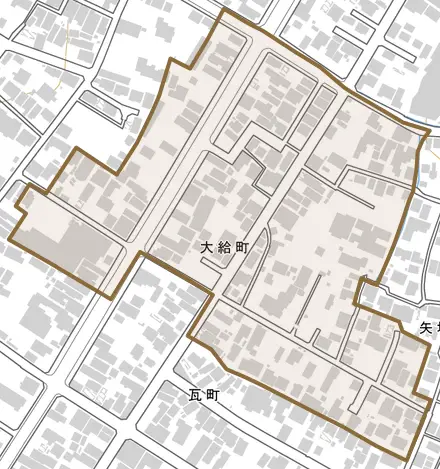 大給町とその周辺の地図。町の範囲を重ねている