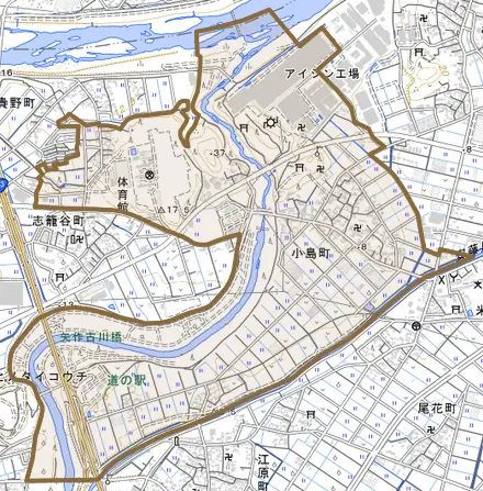 小島町とその周辺の地図。町の範囲を重ねている