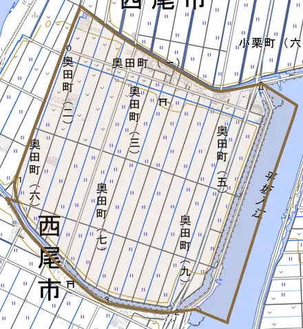 奥田町とその周辺の地図。町の範囲を重ねている
