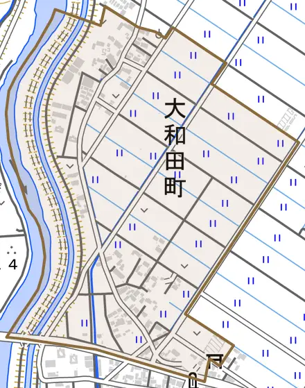 大和田町とその周辺の地図。町の範囲を重ねている