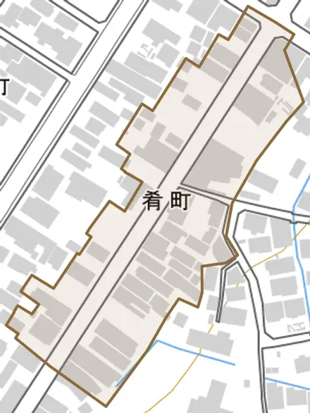 肴町とその周辺の地図。町の範囲を重ねている