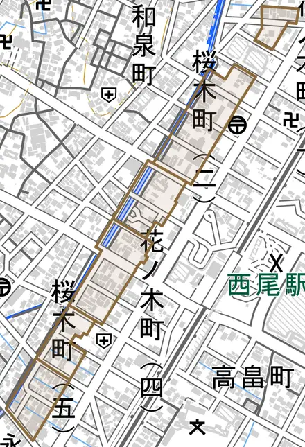 桜木町とその周辺の地図。町の範囲を重ねている